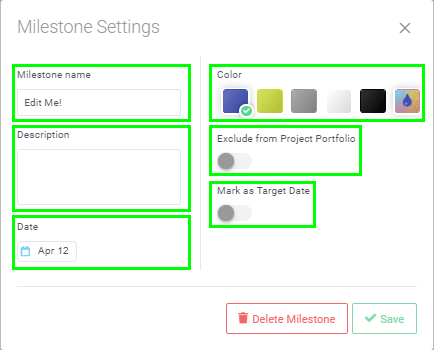 Milestone settings on Proggio