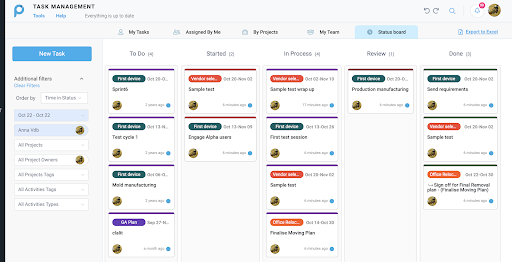 Task management board with columns for stages and cards for individual tasks.