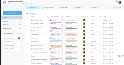 Task management dashboard showing various tasks and their statuses in a table format.