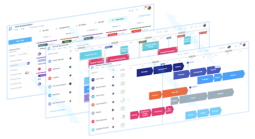 Project management software interface with colorful charts and task lists.
