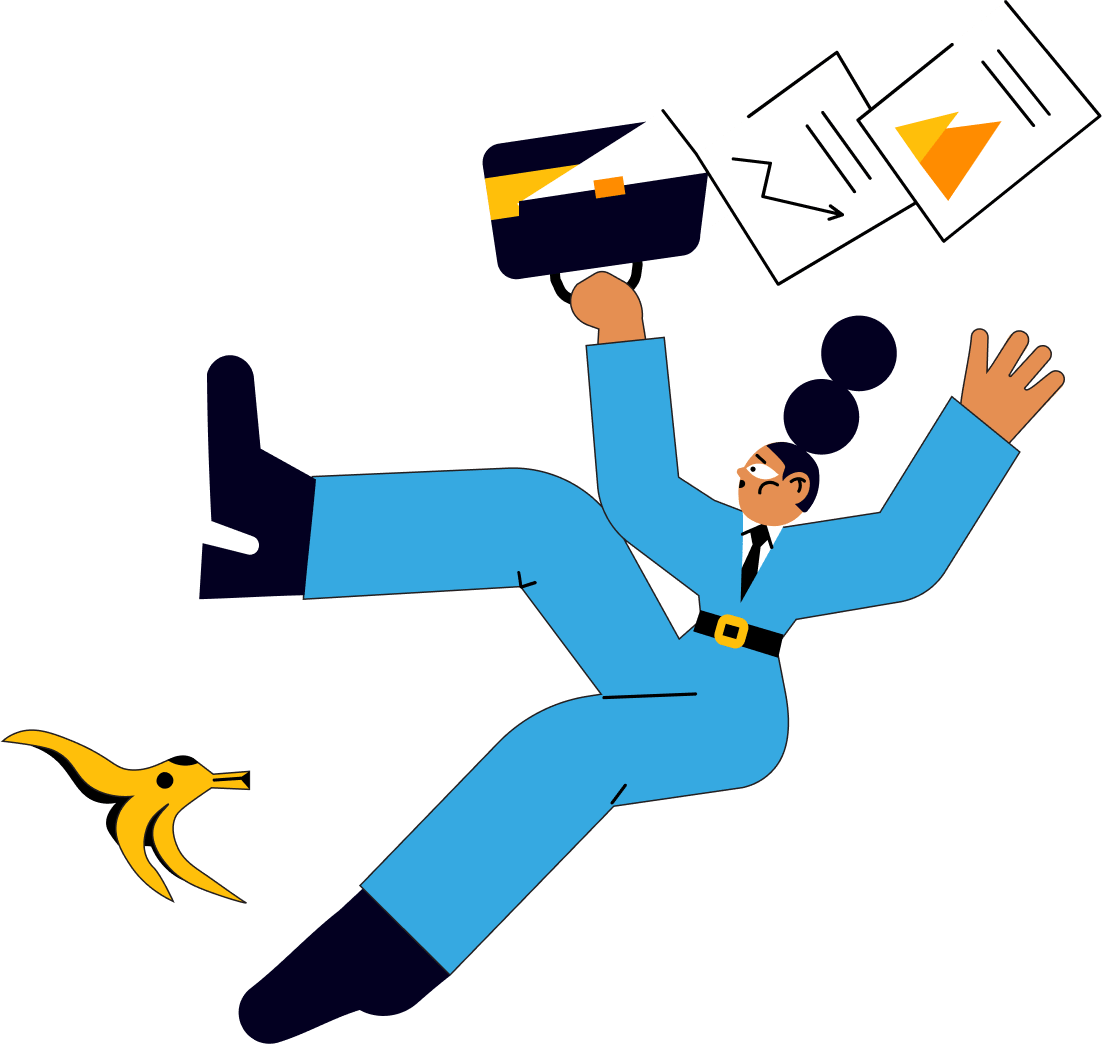 Person slipping on banana peel, papers flying from briefcase.