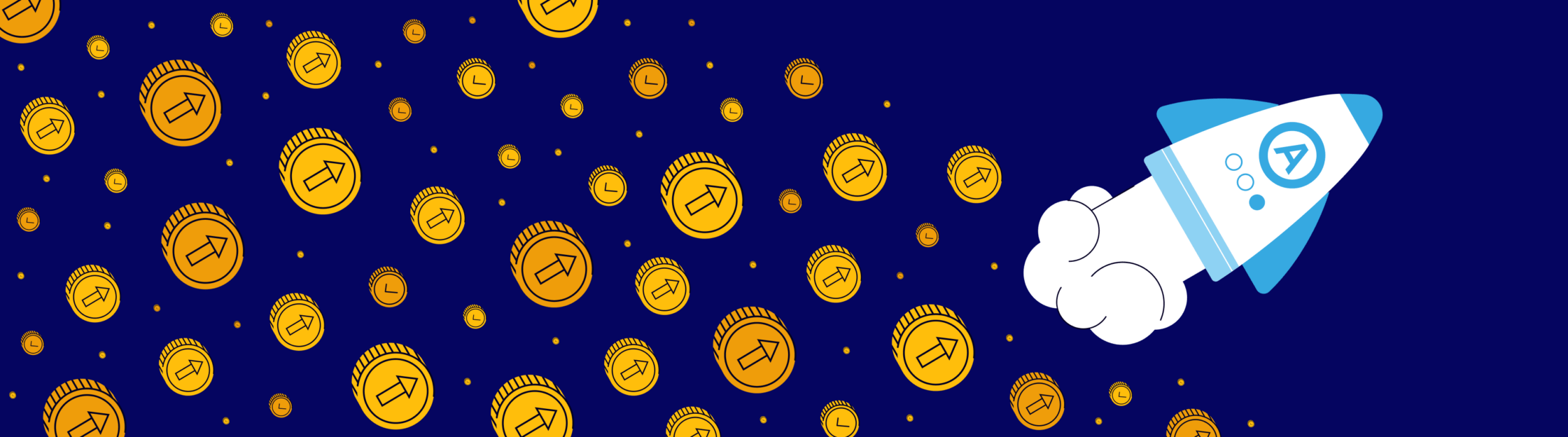 Coins and a rocket with a logo on a dark blue background.