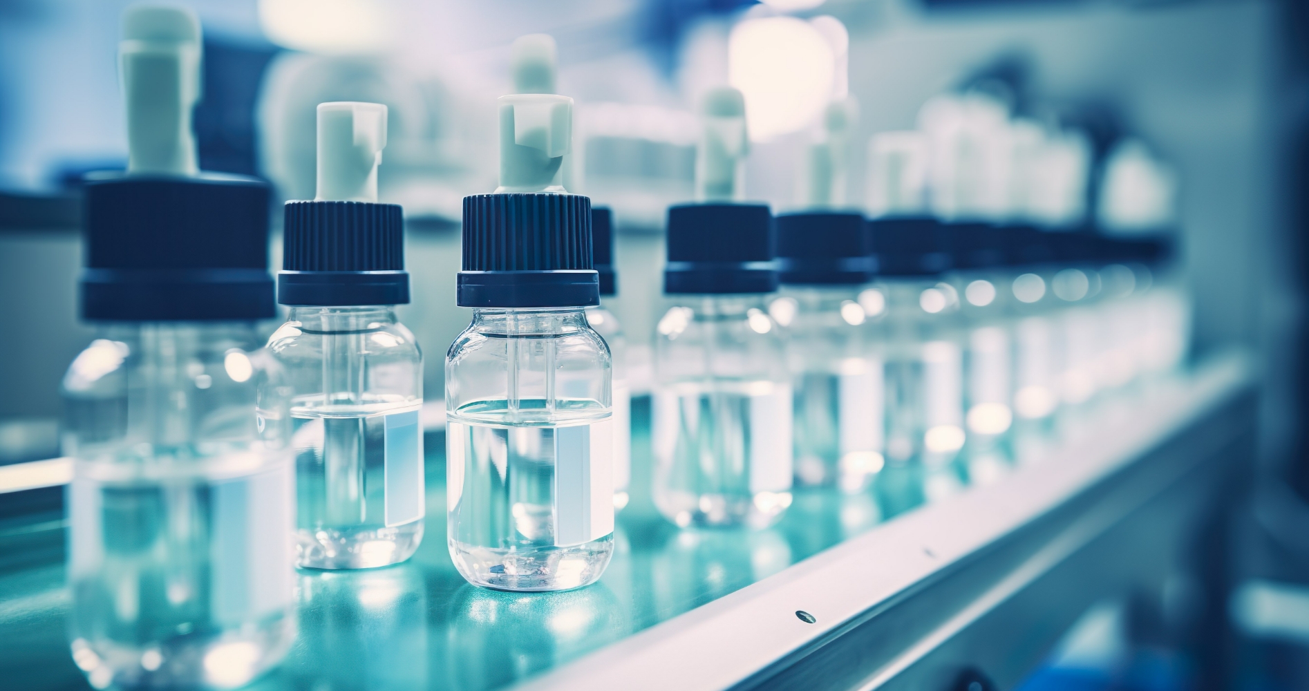 A row of small, clear bottles with dropper caps on a conveyor belt in a factory setting.