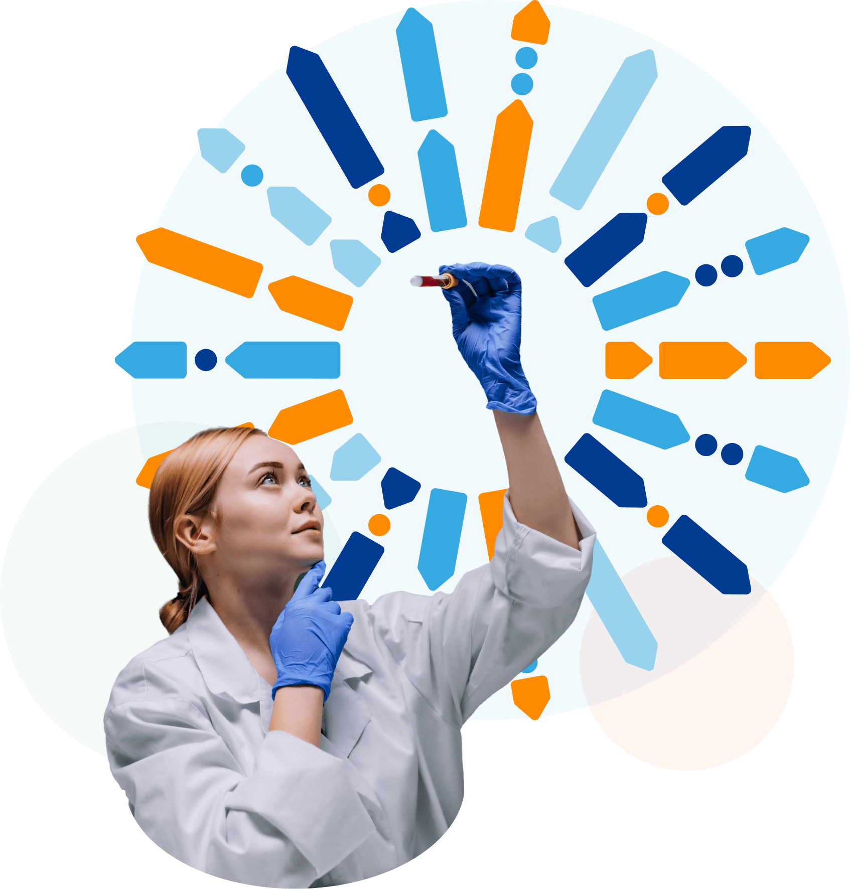 Scientist examining a vial, colorful abstract design in the background.