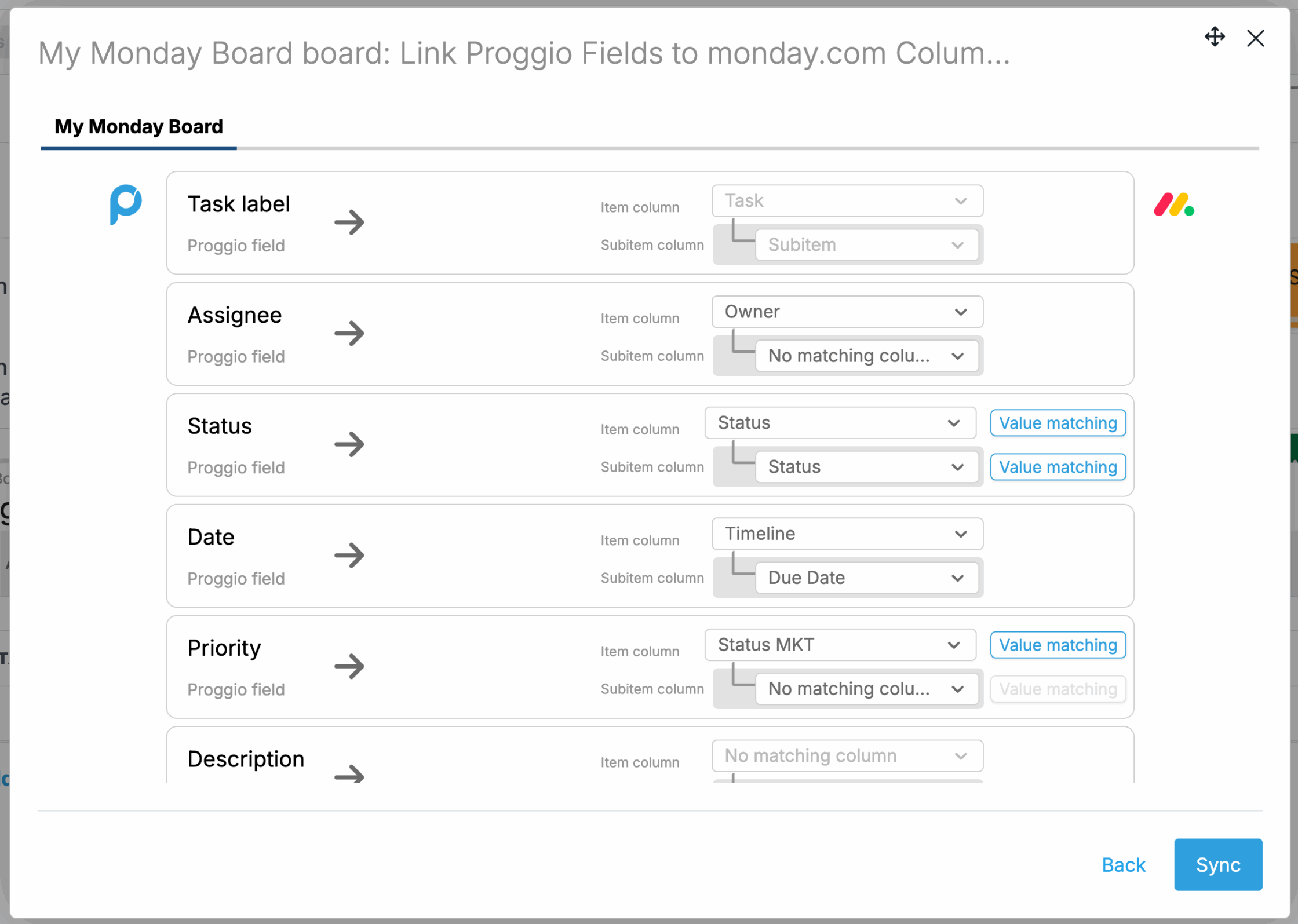 Monday Board Links Proggio Fields to monday.com