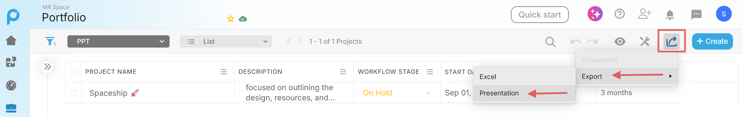Clicking Share to Export View to Presentation