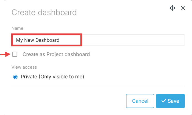 Naming a new dashboard in Proggio and selecting project dashboard option