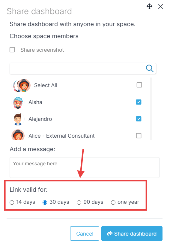 Sharing a live dashboard link in Proggio
