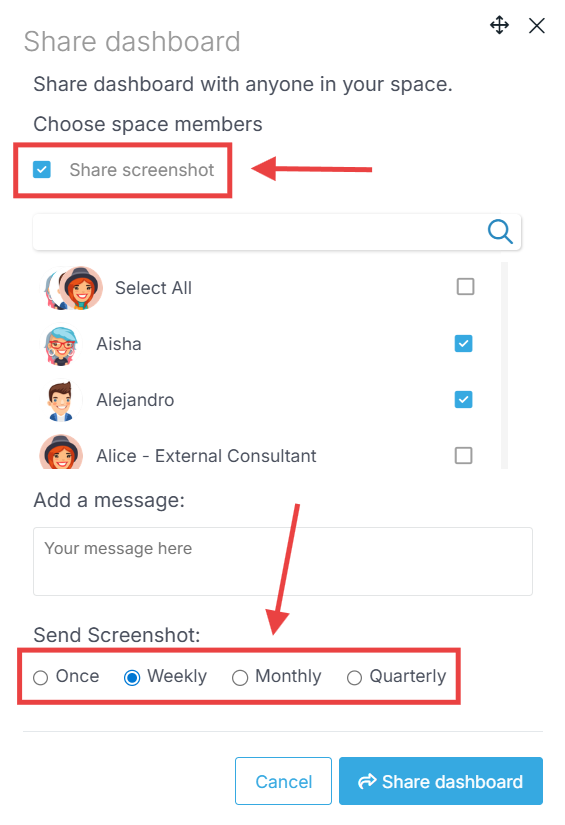 Sharing a dashboard screenshot via email in Proggio