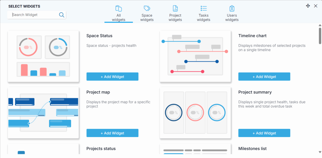 Proggio widget library showing available widgets by category