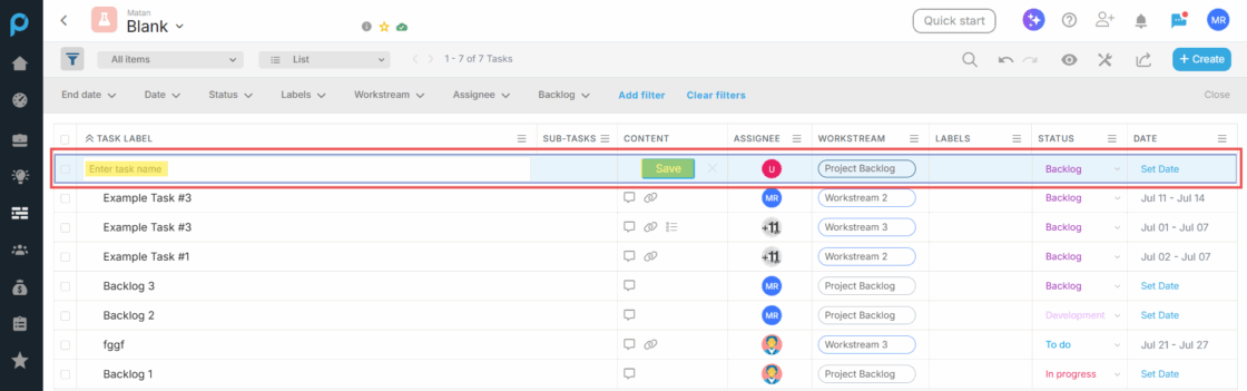 Adding a Backlog Task to the List View