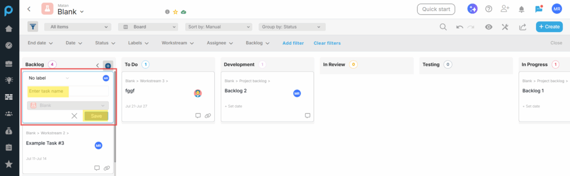 Adding a Backlog Task to the Board View