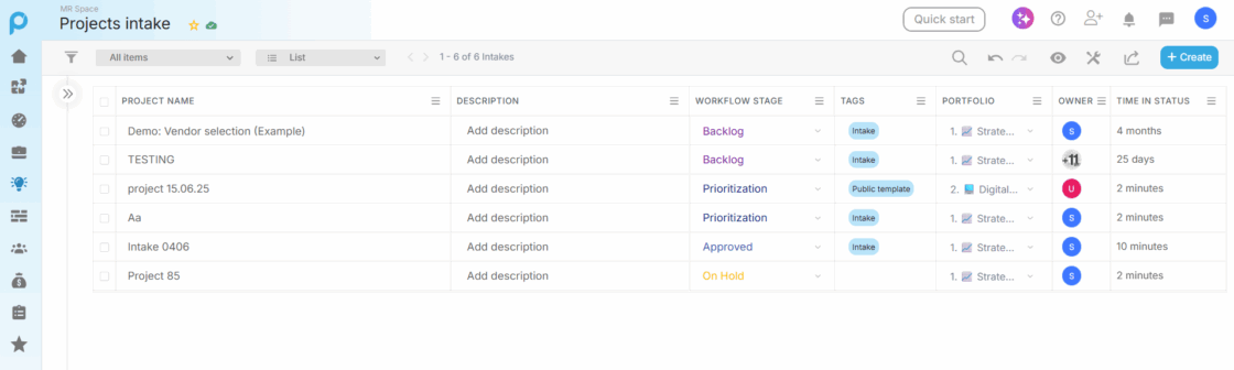 Proggio Intake List View