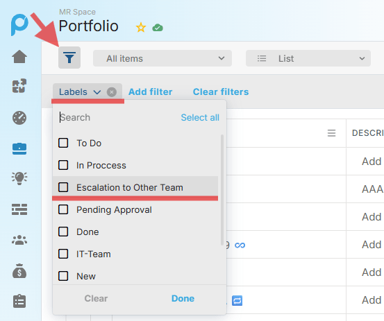 Portfolio view showing Labels filter