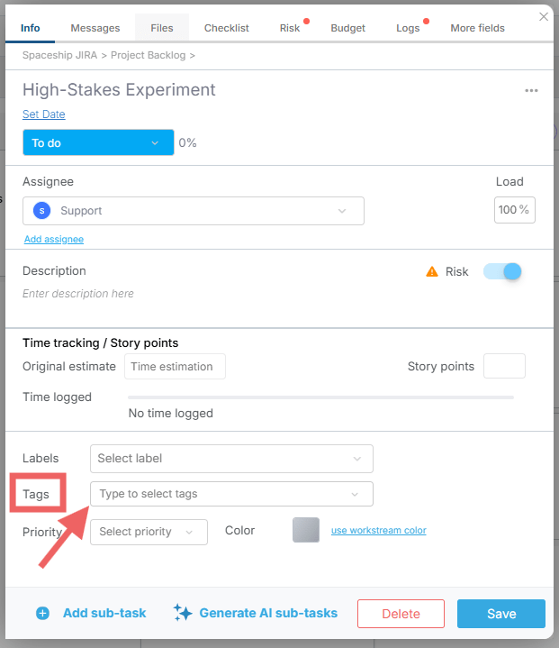 Selecting tags in task properties