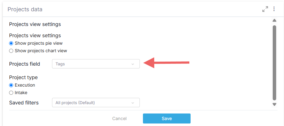 Selecting Tags field in Projects Data widget settings