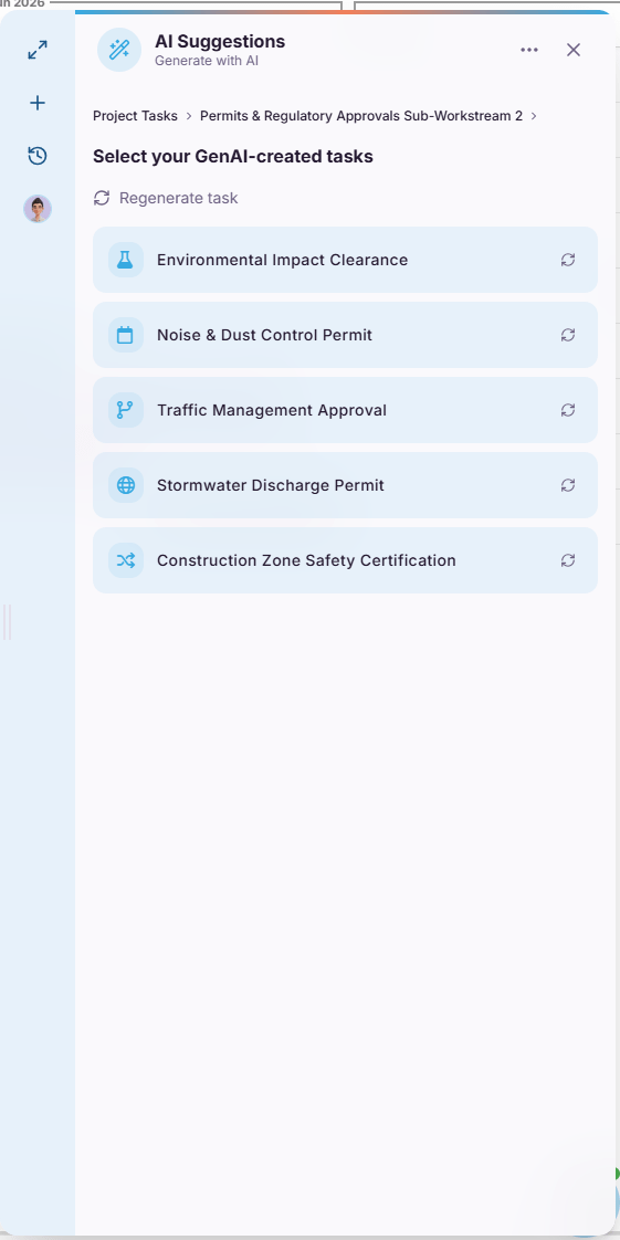 Screenshot showing AI task suggestions in Proggio, including options to regenerate suggestions or add them to the timeline.