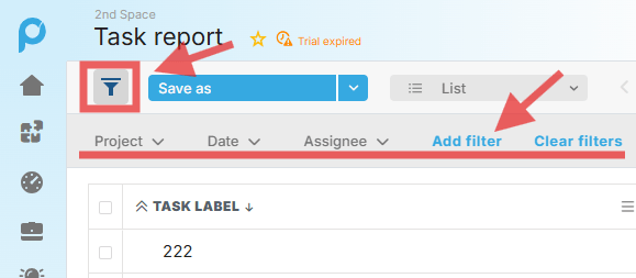 Screenshot showing how to add a filter in the Task Report view in Proggio by clicking the filters icon and selecting 'Add filter'.