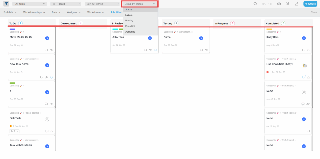 Board View in Proggio showing Group By dropdown options