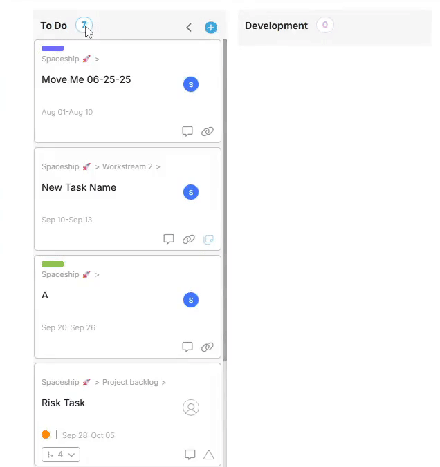 Moving tasks between columns in Proggio Board View