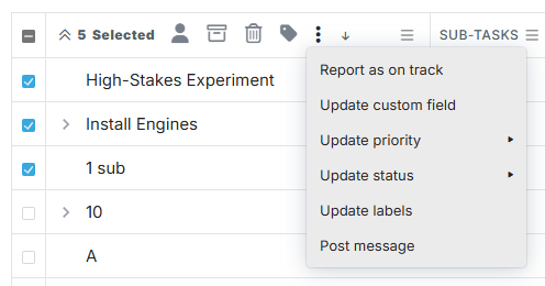 Screenshot showing the three dots menu in the bulk update options, revealing actions like updating status, priority, custom fields, labels, or posting messages to multiple tasks in Proggio.