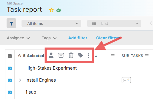 Screenshot of the Task Report List view in Proggio with multiple tasks selected and the bulk options menu visible at the top left.