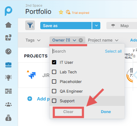 Clearing active filters in Task Report by selecting Clear and Done