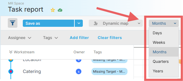 Dynamic Map view date range picker showing days, weeks, months, quarters, and years options
