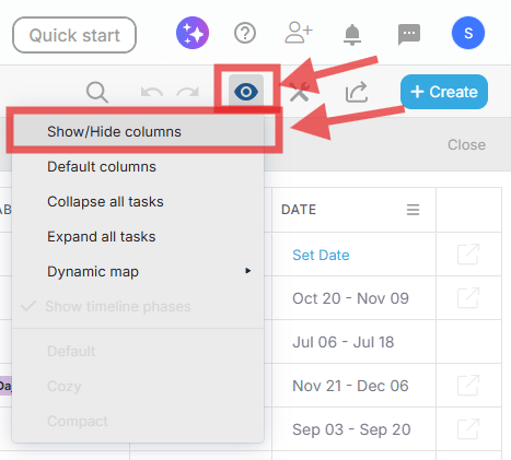 Screenshot of the eye icon in List view, which opens the Show/Hide Columns menu in Proggio.