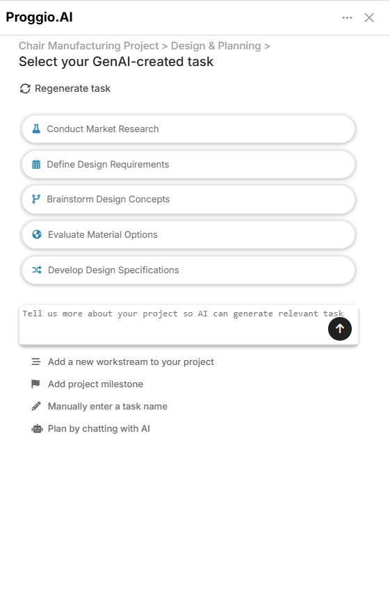 Screenshot showing AI task suggestions in Proggio, including options to regenerate suggestions or add them to the timeline.
