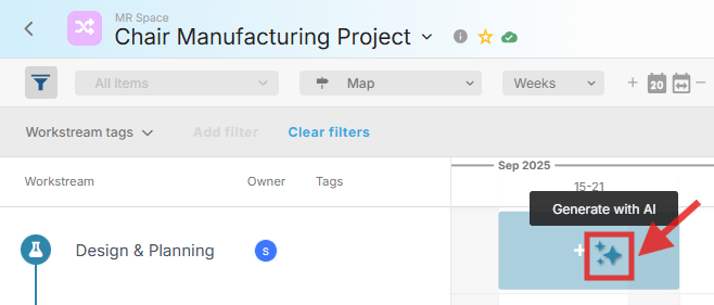 Screenshot showing how to add a task using AI in Proggio, with plus and stars ✨ icons visible.