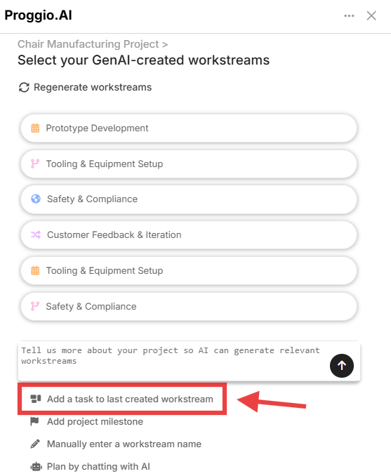 Screenshot showing the AI helper suggesting tasks for a newly created workstream in Proggio.