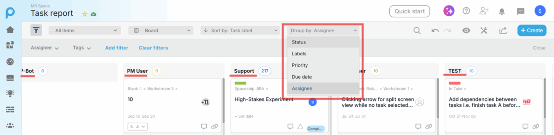 Board view grouped by Assignee with drag-and-drop functionality between groups