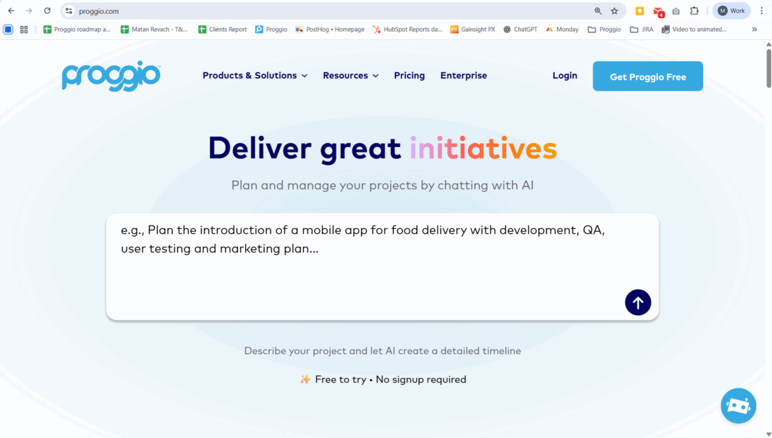 Screenshot of Proggio's homepage showing the Timeline GPT chat box where users can enter their project ideas.