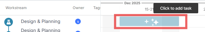 Adding a task on ProjectMap timeline by hovering and clicking plus or AI stars icon