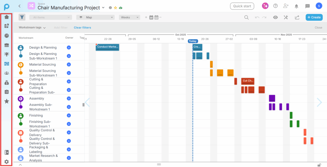 Screenshot showing Proggio’s app after signing up, with the left context menu displaying modules such as Home, Dashboard, Portfolio, Resource management, Budget, Task Report, Settings, and the Timeline GPT 🧩 icon.