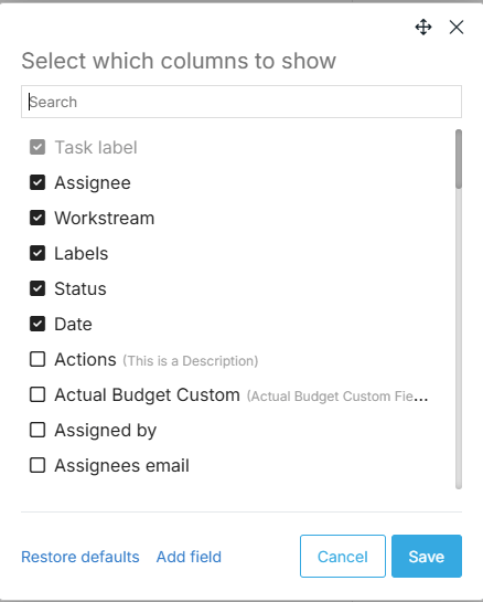 Selecting columns to display in Proggio List View
