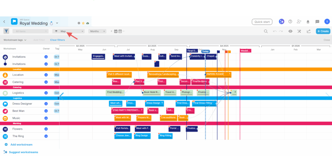 Proggio Timeline Map view with tasks in context