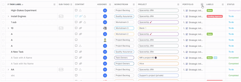 List view in Proggio showing how to move columns by dragging or using the menu options