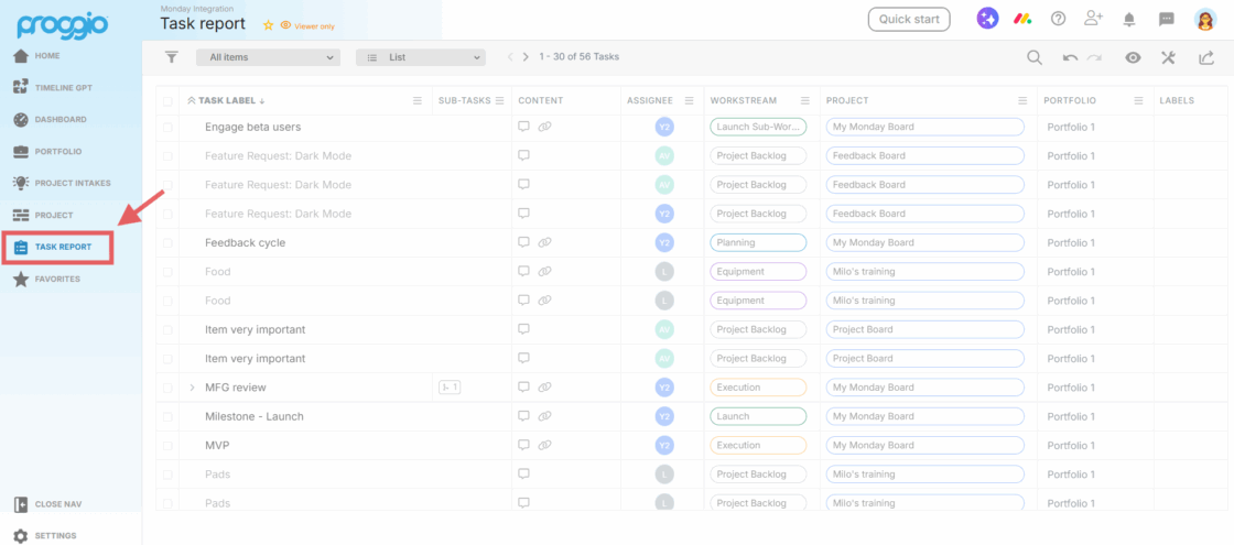 Screenshot showing how to navigate to the Proggio Task Report from the left panel menu