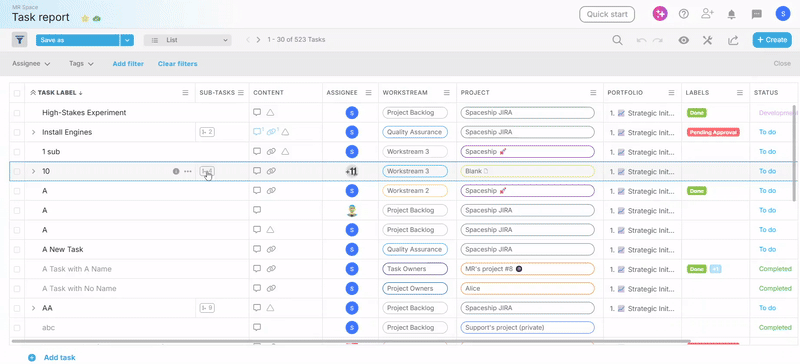 List view showing how to pin the leftmost column for horizontal scrolling