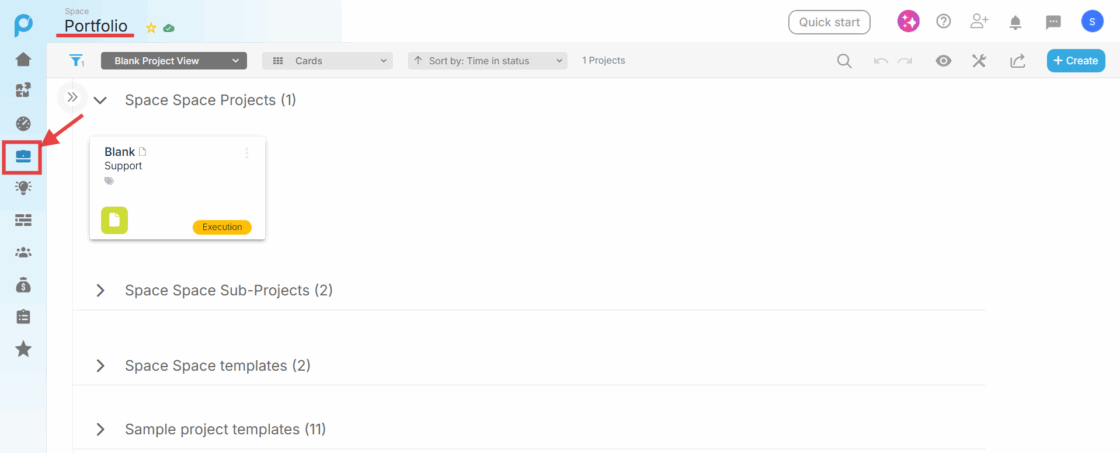 Screenshot of the Portfolio view in Proggio showing multiple projects, accessible via the briefcase 💼 icon in the left menu.