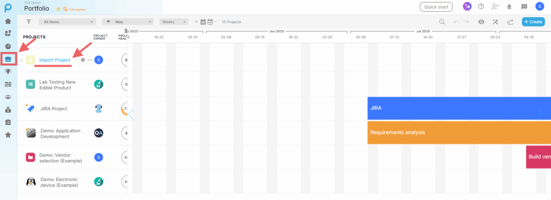 Portfolio view highlighting a project name being clicked to open project-level tasks