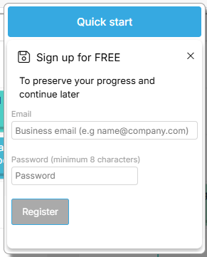 Screenshot of the Quick Start signup prompt in Proggio, where users enter email and password to save their project.