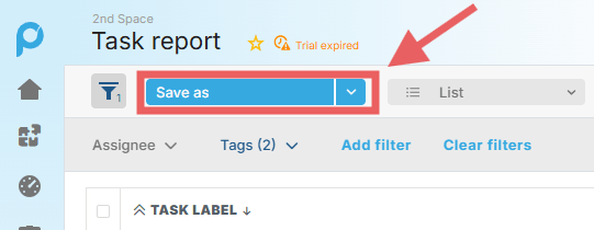 Saving a custom Task Report view with Saved Views dropdown in Proggio