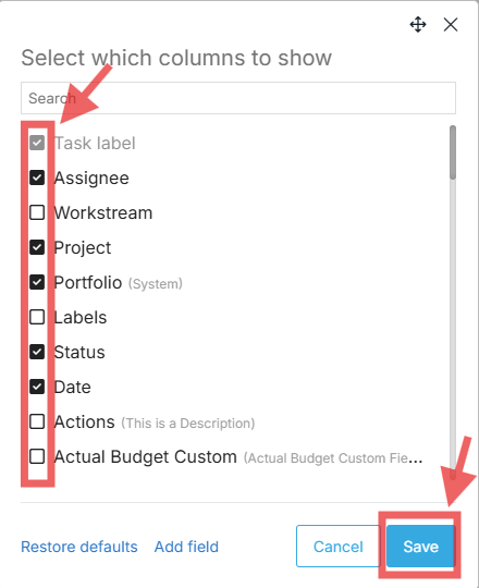 Pop-up menu showing checkboxes to select which columns to display in List view in Proggio.