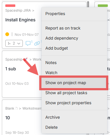 Board view screenshot showing a task card with the 'Show on Project Map' option highlighted in Proggio.