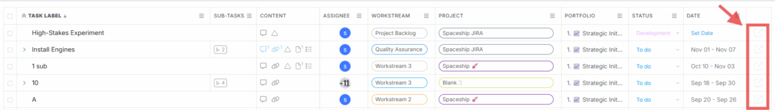 List view screenshot showing a task row with the icon to open the Project Map in Proggio.