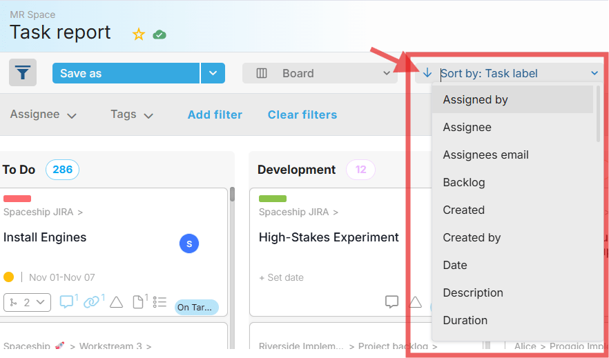 Proggio Board view with Sort By dropdown highlighted, showing how to sort task cards