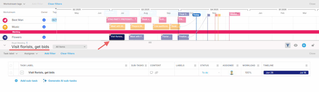 Split-screen task details view in Proggio Timeline